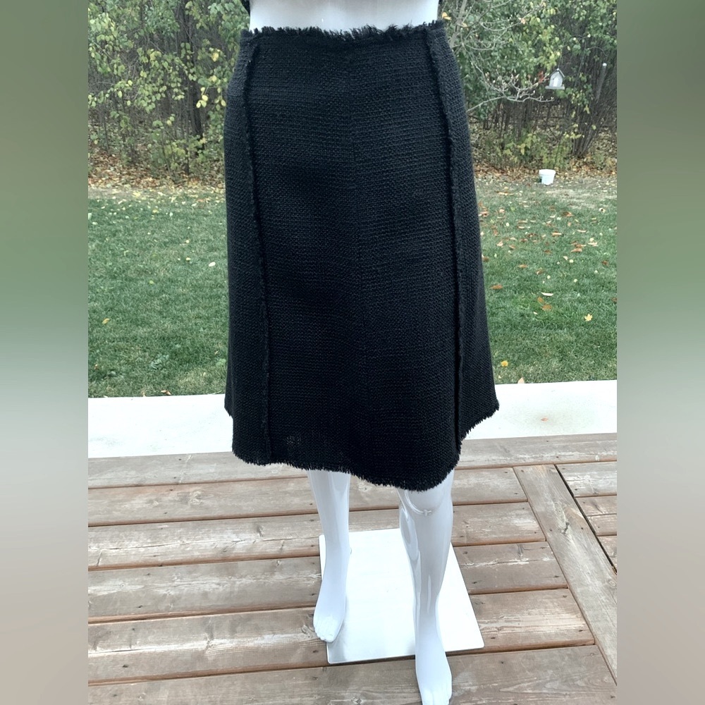 Bwymen black wool tweed skirt at knee A-line style fringe details Eu 42 US 10
